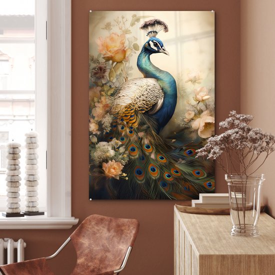 MuchoWow® Peinture sur verre - Paon - Plumes de paon - Fleurs - Vogels - Botanique - 80x120 cm - Peintures sur verre acrylique - Photo sur Glas