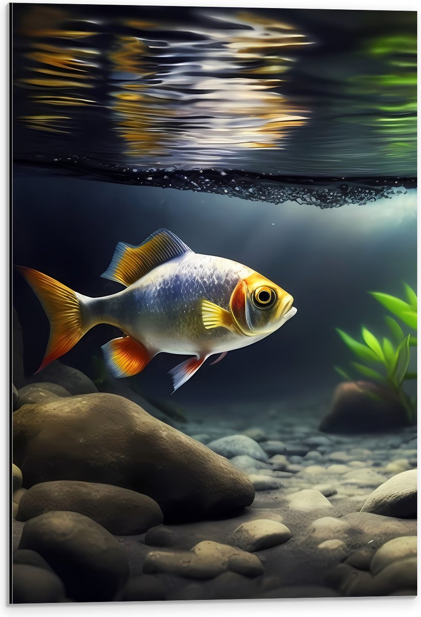 Dibond - Zilver met Oranjekleurige Vis Zwemmend in Aquarium - 40x60 cm Foto op Aluminium (Wanddecoratie van metaal)