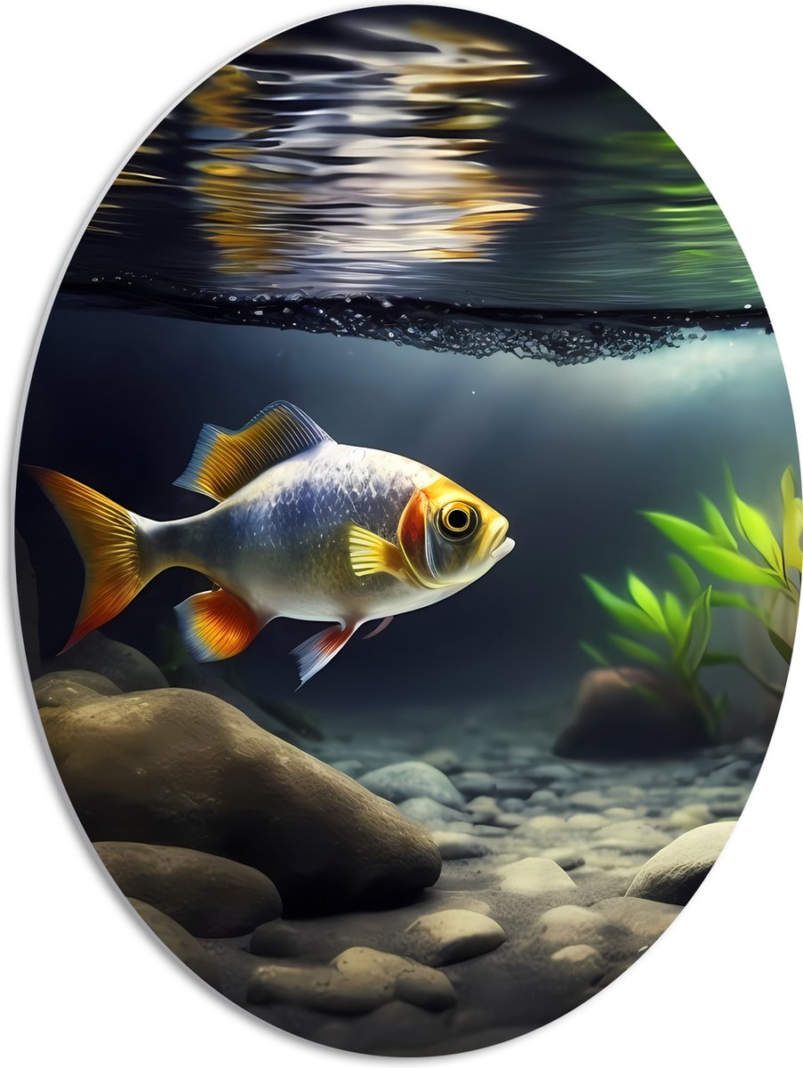 PVC Schuimplaat Ovaal - Zilver met Oranjekleurige Vis Zwemmend in Aquarium - 51x68 cm Foto op Ovaal (Met Ophangsysteem)