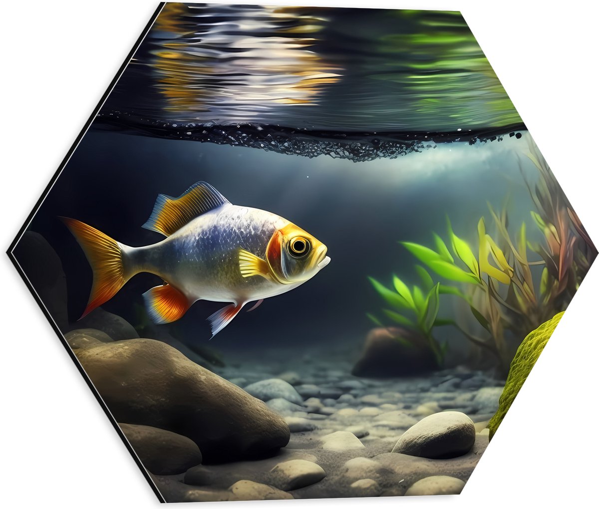 Dibond Hexagon - Zilver met Oranjekleurige Vis Zwemmend in Aquarium - 40x34.8 cm Foto op Hexagon (Met Ophangsysteem)