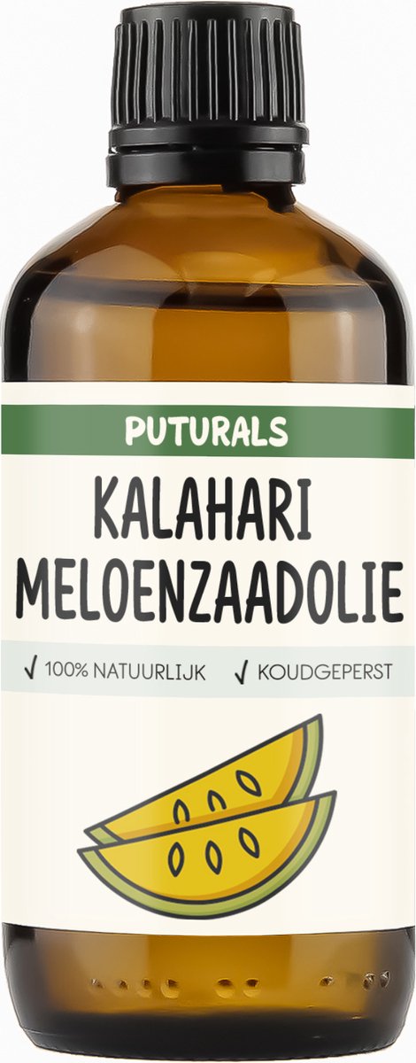 Puturals Kalahari Meloenzaadolie 100% Biologisch - 100 ml - Puur en Koudgeperst - Kalahari Meloenzaadolie Voor Huid, Haar en Lichaam - Rijk aan Essentiële Vetzuren, Antioxidanten en Vitamine E - Bruine Glazen Druppelfles