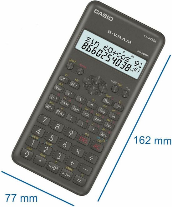 Zwarte Casio fx-82MS-2 rekenmachine met afmetingen van 77 mm en 162 mm aangegeven.