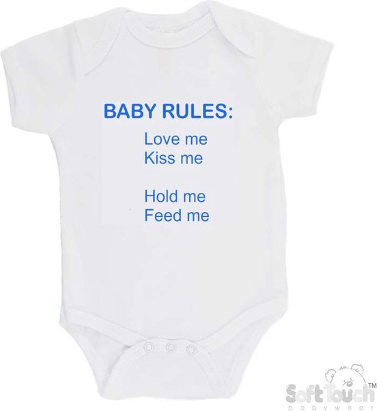 Barboteuse Soft Touch "Bébé rules" Garçons Katoen Wit/ bleu Taille 62/ 68