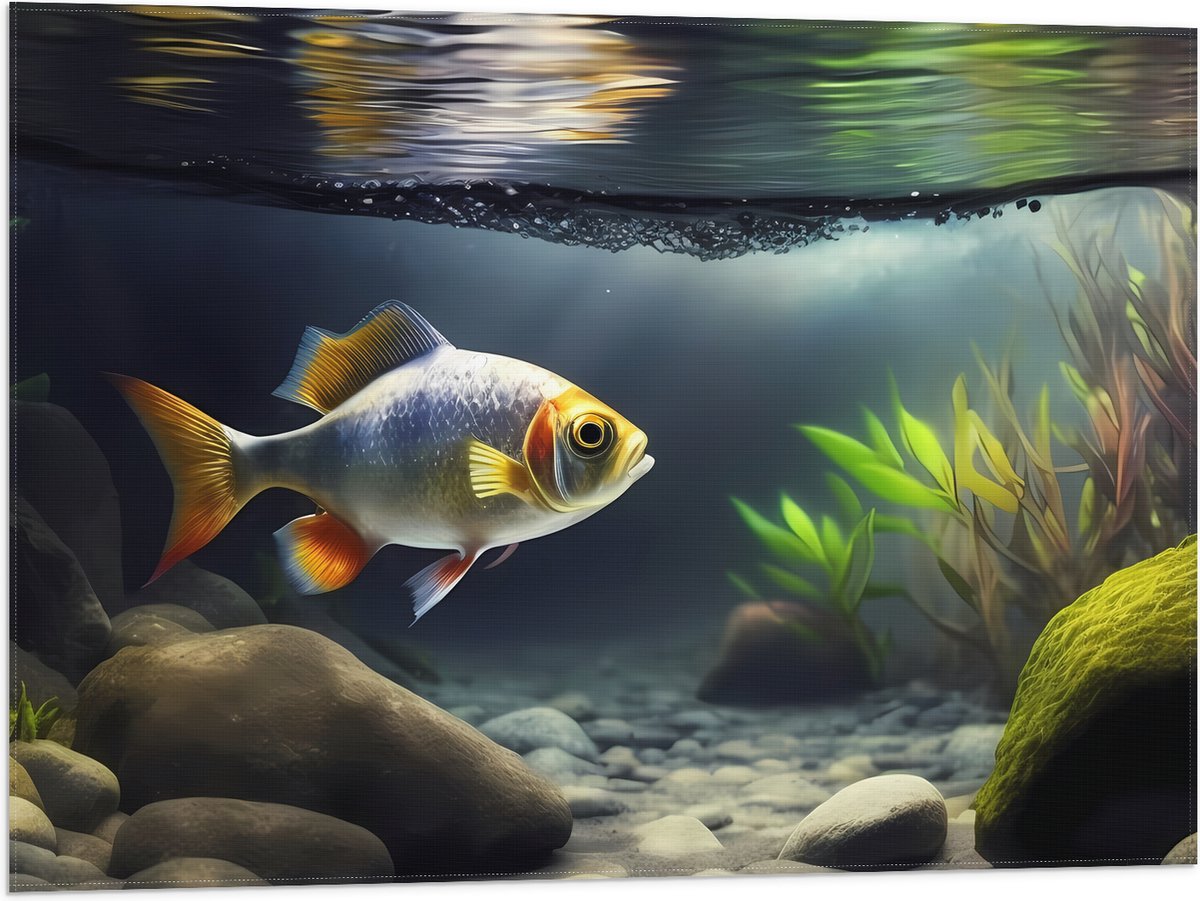 Vlag - Zilver met Oranjekleurige Vis Zwemmend in Aquarium - 80x60 cm Foto op Polyester Vlag