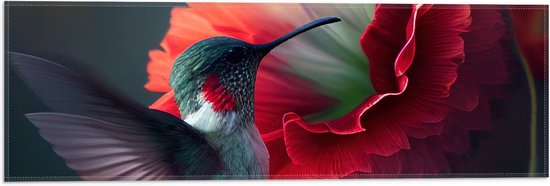 Vlag - Close-up van Kolibrie Vliegend bij Rode Bloeiende Bloemen - 60x20 cm Foto op Polyester Vlag