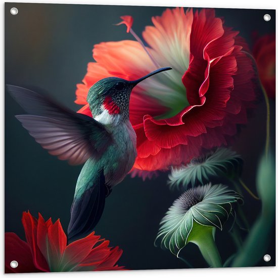 Tuinposter – Close-up van Kolibrie Vliegend bij Rode Bloeiende Bloemen - 80x80 cm Foto op Tuinposter (wanddecoratie voor buiten en binnen)