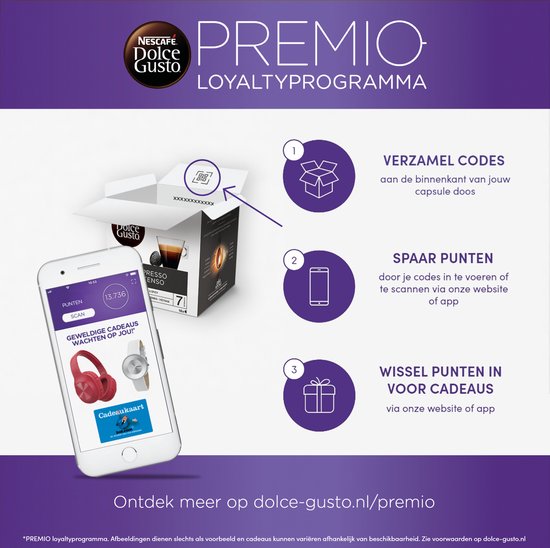 Promotie flyer met uitleg over het Nescafé Dolce Gusto loyaliteitsprogramma 'PREMIO'.