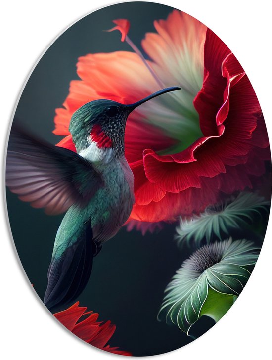 PVC Schuimplaat Ovaal - Close-up van Kolibrie Vliegend bij Rode Bloeiende Bloemen - 42x56 cm Foto op Ovaal (Met Ophangsysteem)