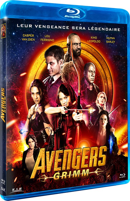 Blu-ray hoes van Avengers Grimm, met een groep mensen en een pijl en boog op de voorgrond, met de tekst "LEUR VENGEANCE SERA LÉGENDAIRE"