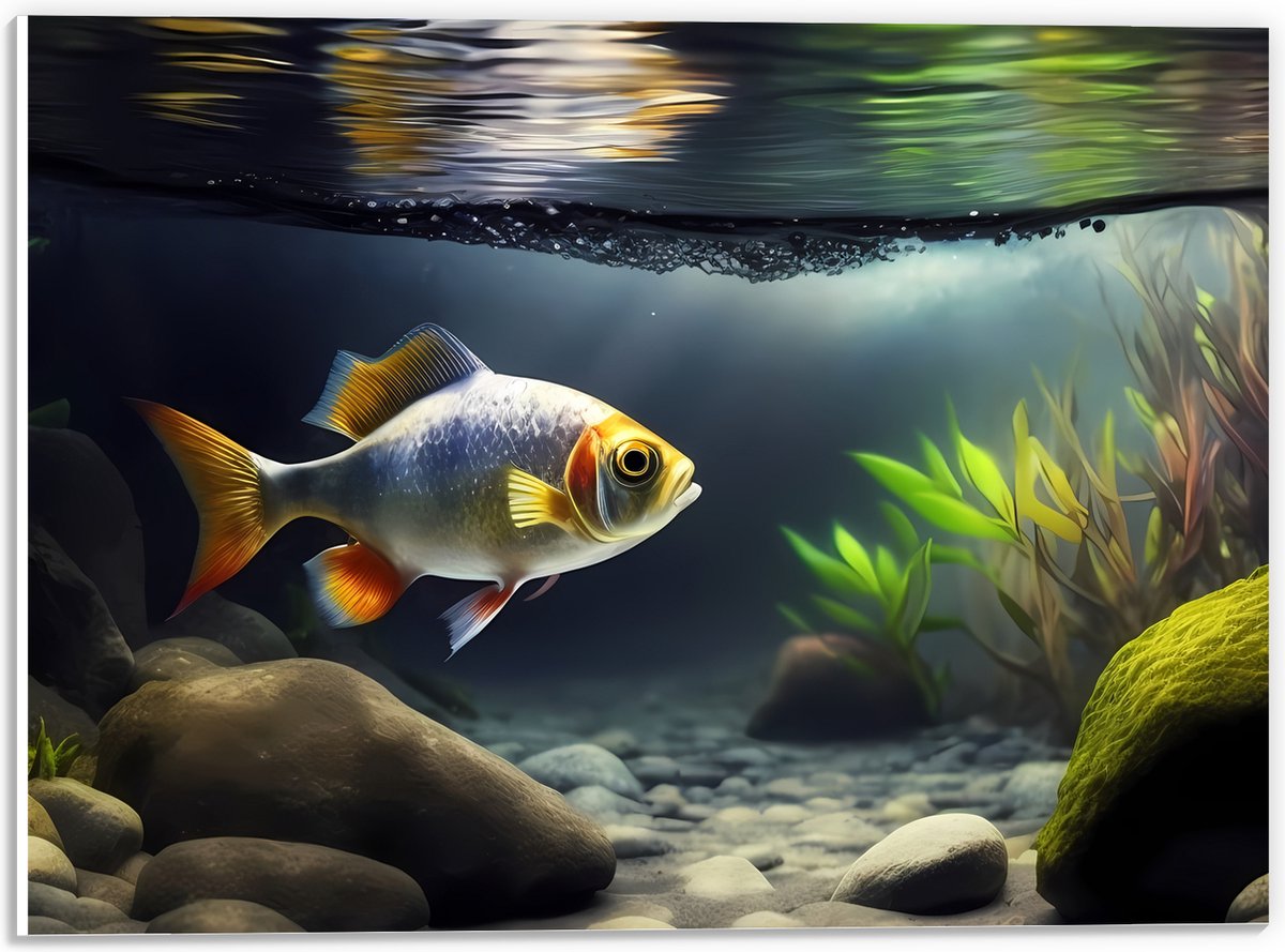 PVC Schuimplaat- Zilver met Oranjekleurige Vis Zwemmend in Aquarium - 40x30 cm Foto op PVC Schuimplaat
