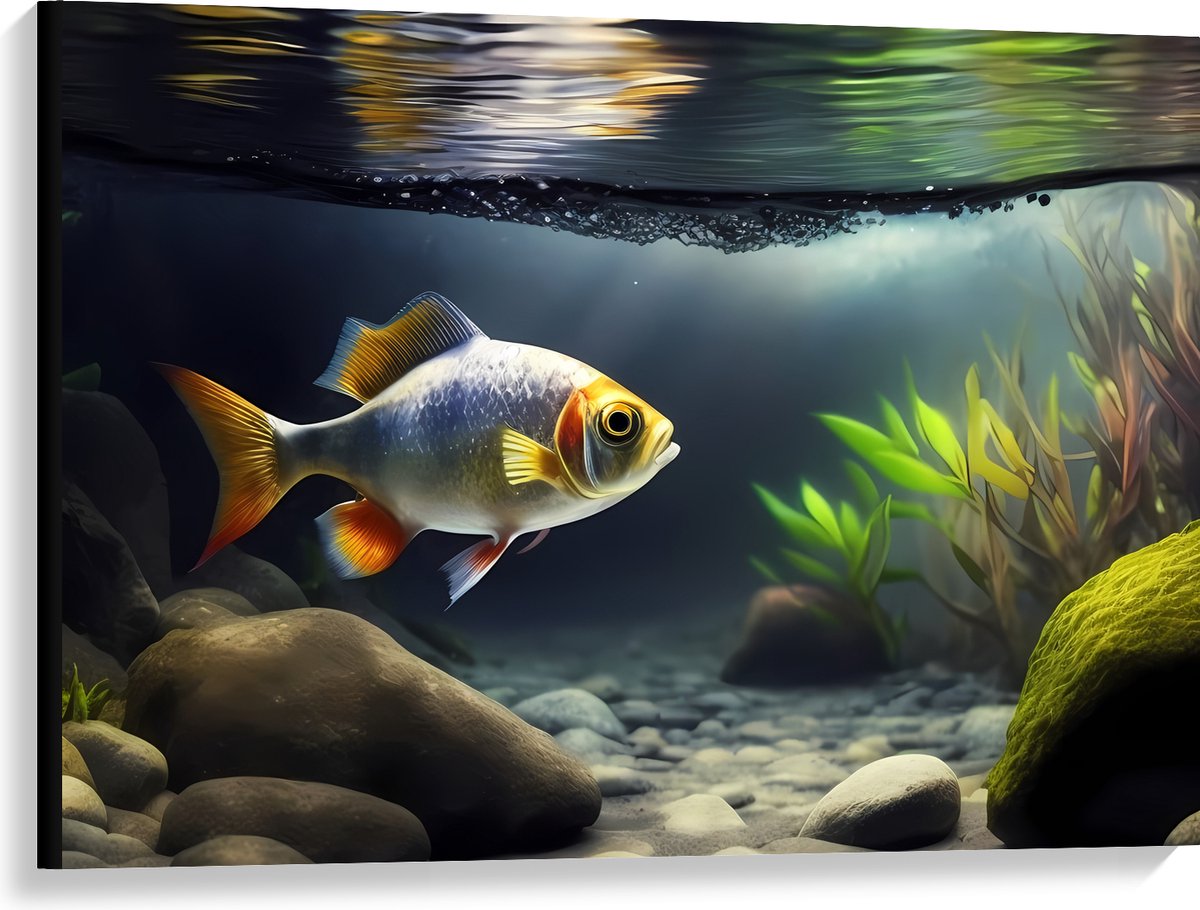 Canvas - Zilver met Oranjekleurige Vis Zwemmend in Aquarium - 100x75 cm Foto op Canvas Schilderij (Wanddecoratie op Canvas)