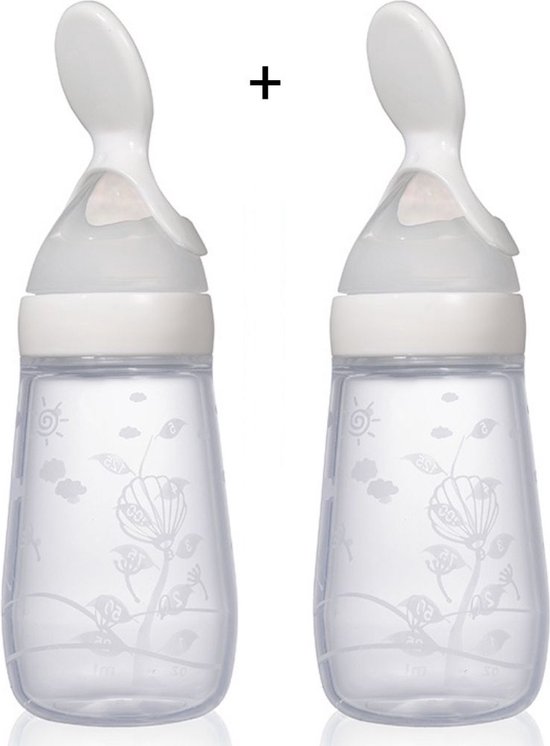 Babyflesje - Biberoia® 2x Knijpfles met lepel – Drinkfles - Baby – Kinderbestek - Kraamcadeau – Babyshower – Wit