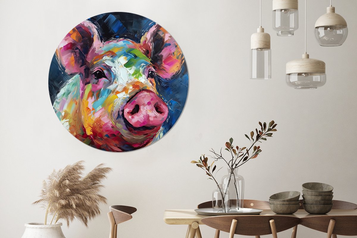 WallCircle - Wandcirkel - Muurcirkel - Varken - Olieverf - Dieren - Kunst - Aluminium - Dibond - 140x140 cm - Binnen en Buiten