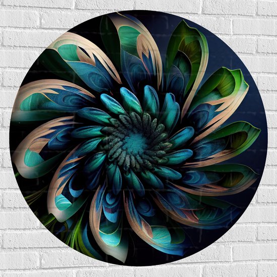Muursticker Cirkel - Bloem in Blauw en Groen Tinten - 100x100 cm Foto op Muursticker