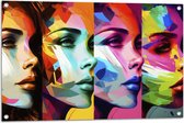 Tuinposter – Artistieke Collage van Zijaanzichten van Kleurrijke Vrouwen - 90x60 cm Foto op Tuinposter (wanddecoratie voor buiten en binnen)