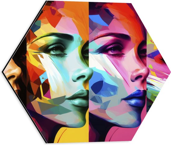Dibond Hexagon - Artistieke Collage van Zijaanzichten van Kleurrijke Vrouwen - 40x34.8 cm Foto op Hexagon (Met Ophangsysteem)