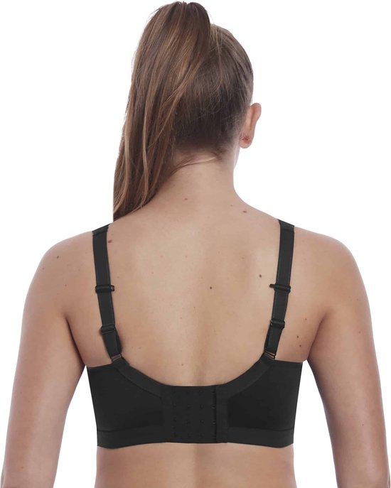 Soutien-gorge de sport noir Freya avec bretelles réglables et fermeture à crochets dans le dos.