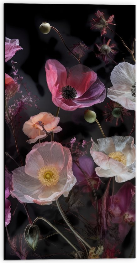 Dibond - Boeket van Stilleven in Witte en Roze Kleuren - 50x100 cm Foto op Aluminium (Met Ophangsysteem)