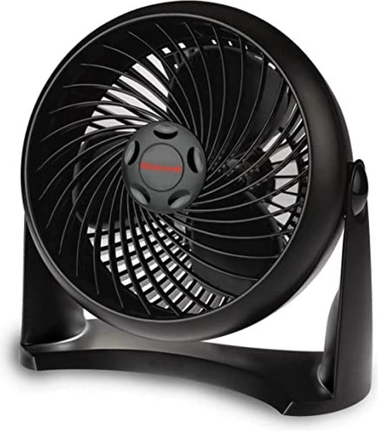 Zwarte Honeywell turboventilator met een rond rooster, verstelbare kop en het Honeywell logo.