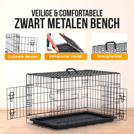 Basics Duurzame hondenbench, opvouwbaar draad met lade, dubbele deur, zwart, 56 x 33 x 40.6 cm