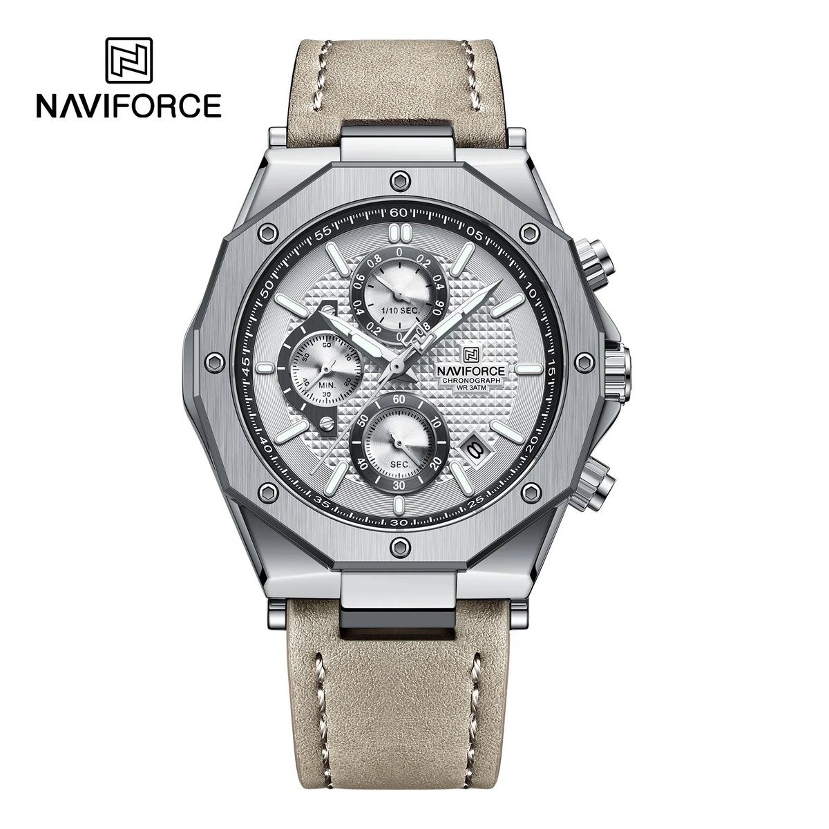 NAVIFORCE horloge voor mannen, met grijze lederen polsband, zilveren horlogekast en wijzerplaat met in het donker oplichtende wijzers ( model 8028 SWL GY ), verpakt in een mooie geschenkdoos