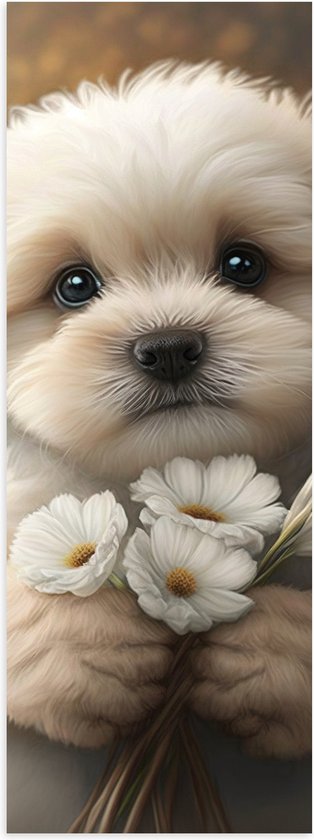 Poster Glanzend – Aandoenlijke Witte Puppy met Wit Bloem Boeket - 20x60 cm Foto op Posterpapier met Glanzende Afwerking