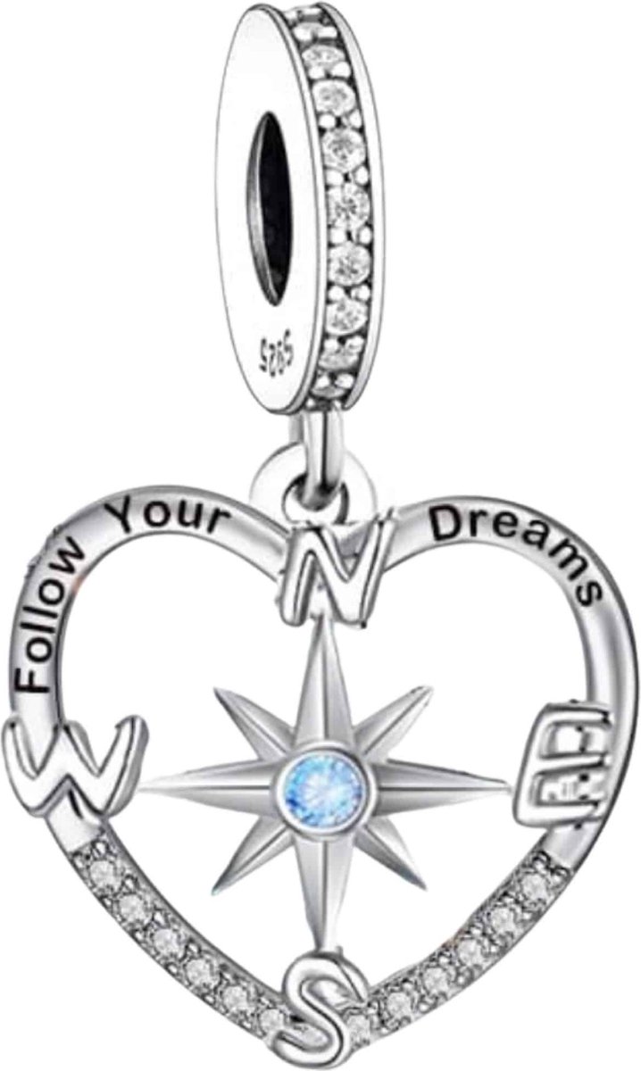 Tracelet - Zilveren bedels - Bedel kompas hart - Follow Your Dreams - 925 Sterling Zilver - Pandora compatible - Met 925 Zilver Certificaat - In Leuke cadeauverpakking - Valentijn tip