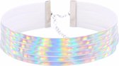 KIMU iridescent choker zilver streepjes - holografische ketting collar