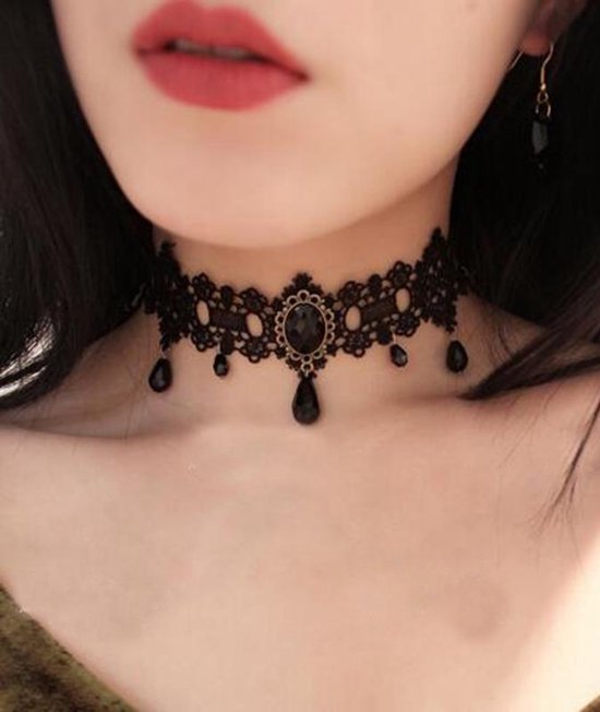 Collier ras du cou en dentelle noire avec perles et chaînes - collier  collier... | bol.com