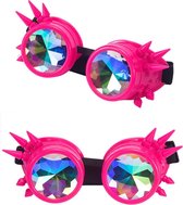 KIMU Goggles Steampunk Bril Met Spikes - Roze Montuur - Caleidoscoop Glazen - Spacebril Space Caleidoscope Rave Neon Blacklight Festival