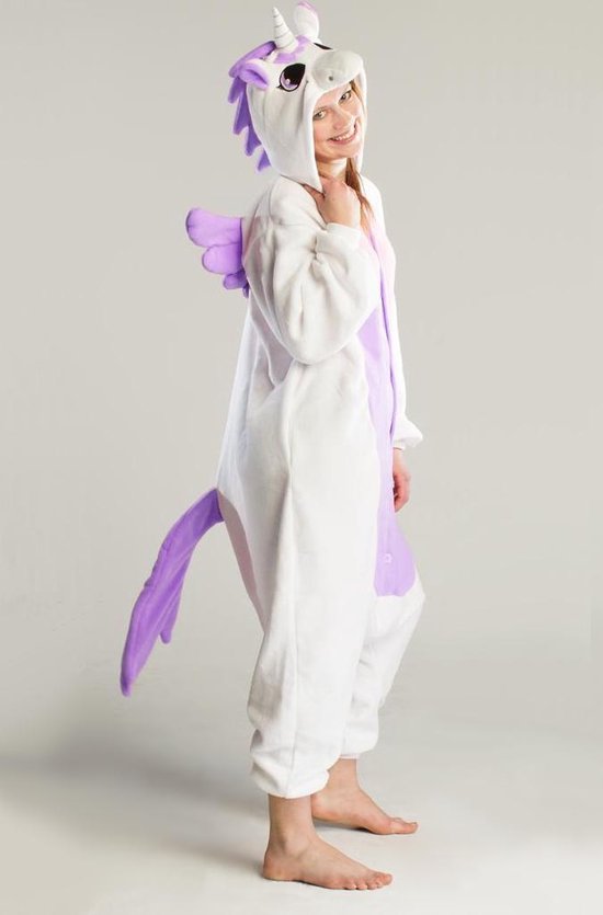 KIMU Onesie Paarse Pegasus Pak - Maat L-XL - Pegasuspak Kostuum Wit Paars Unicorn - Dierenpak Zacht Huispak Jumpsuit Pyjama Dames Heren Festival