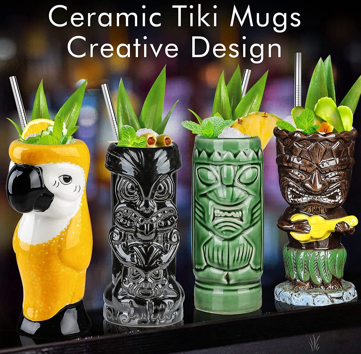Ceramic Tiki Glasses - Cocktail Glasses and Mugs Set of 3 - Exotic Tiiki Cups - Professional Bar Decorations for Hawaiian Party Tableware (3 PCS