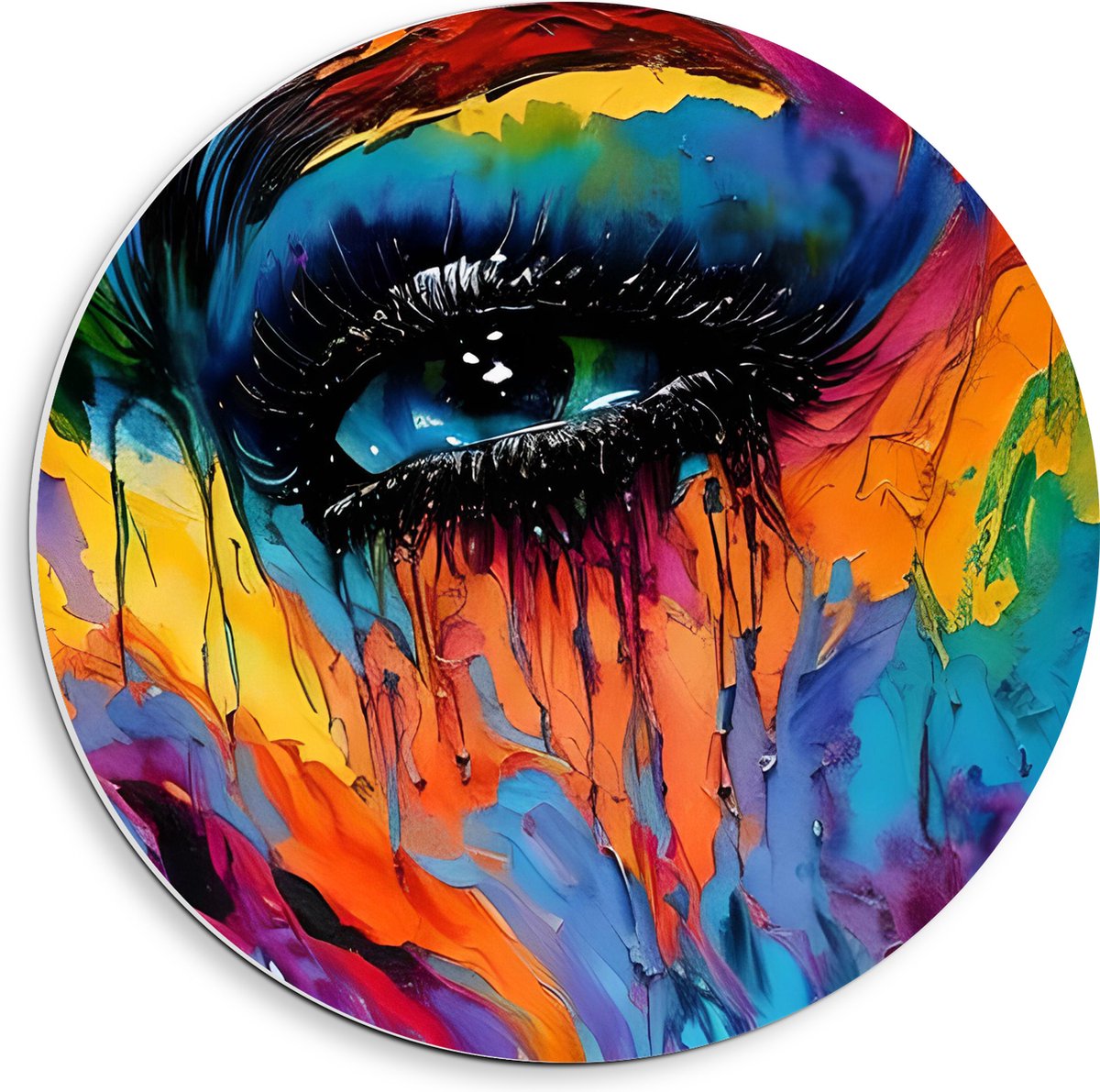 PVC Schuimplaat Muurcirkel - Acrylverf Schilderij van Deel van Regenboogkleurig Gezicht - 40x40 cm Foto op Muurcirkel (met ophangsysteem)