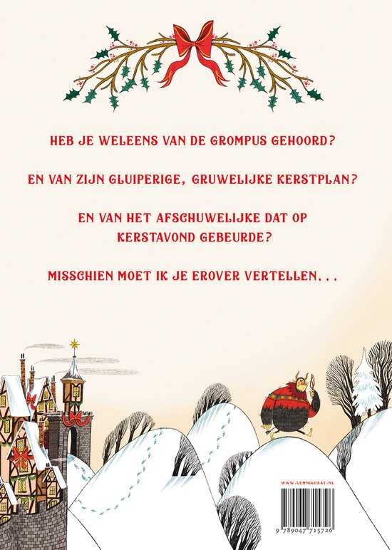 Boekomslag achterkant: De Grompus loopt door een besneeuwd landschap met huizen, tekst in het Nederlands.