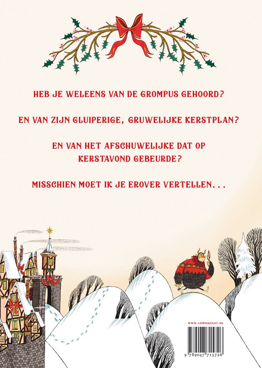 Boekomslag achterkant: De Grompus loopt door een besneeuwd landschap met huizen, tekst in het Nederlands.