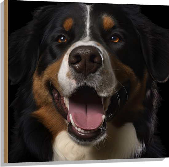 Hout - Portretfoto van Berner Sennen Hond met Open Mond - 80x80 cm - 9 mm dik - Foto op Hout (Met Ophangsysteem)