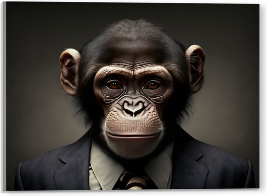 Acrylglas - Portretfoto van Chimpansee Aap in Zakelijk Pak met Gestreepte Stropdas - 40x30 cm Foto op Acrylglas (Wanddecoratie op Acrylaat)