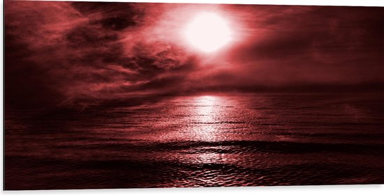 Dibond - Rode Gloed in de Lucht boven Kalme Zee - 100x50 cm Foto op Aluminium (Met Ophangsysteem)