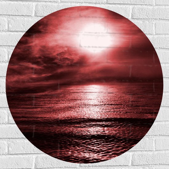 Muursticker Cirkel - Rode Gloed in de Lucht boven Kalme Zee - 80x80 cm Foto op Muursticker