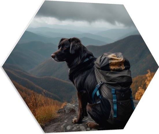 PVC Schuimplaat Hexagon - Reizende Hond met Backpack op Top van de Berg - 80x69.6 cm Foto op Hexagon (Met Ophangsysteem)