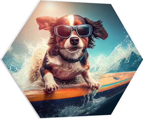 PVC Schuimplaat Hexagon - Puppy op Geel Surfboard over de Golven - 70x60.9 cm Foto op Hexagon (Met Ophangsysteem)