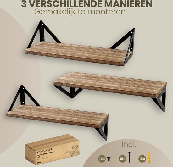 Ensemble d'étagères murales flottantes Set - 3 pièces - Longueur : 25/33/42 cm - Bois de Paulownia - Industriel - Bibliothèque
