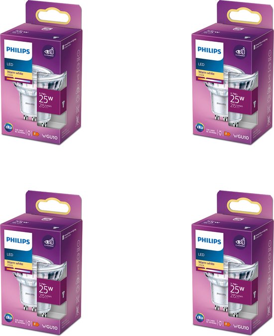 Philips LED Spot - 25 W - GU10 - Niet Dimbaar - Warmwit Licht - 4 stuks - Bespaar op je Energiekosten - Voordeelverpakking