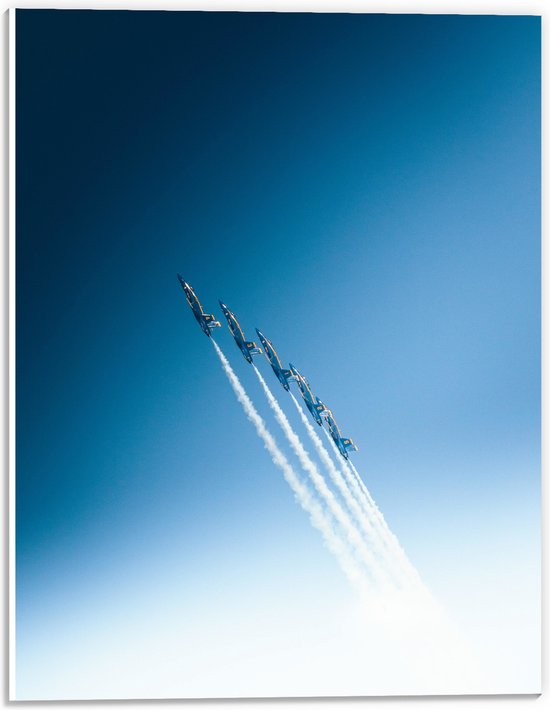 PVC Schuimplaat- Vliegshow van Vijf Vliegtuigen op een Lijn - 30x40 cm Foto op PVC Schuimplaat