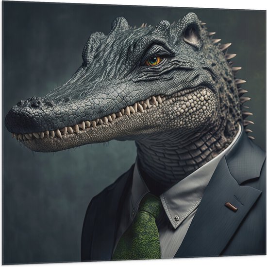 Vlag - Portret van Alligator in Zakelijk Pak met Groene Stropdas - 100x100 cm Foto op Polyester Vlag