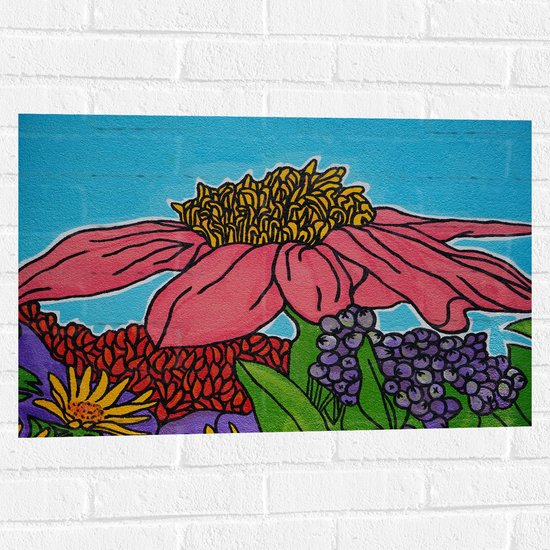 Muursticker - Cartoon Tekening van Roze, Paarse, Gele en Rode Bloemen - 75x50 cm Foto op Muursticker