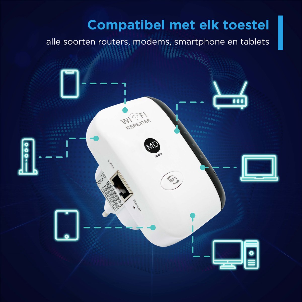 Afbeelding 2 van MD-goods ® WiFi Versterker Stopcontact Zwart - Gratis Internet Kabel - NL Handleiding - Repeater - 300Mbps - Draadloos