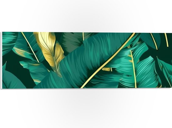 PVC Schuimplaat - Groene Palmbladeren met Gouden Details - 60x20 cm Foto op PVC Schuimplaat (Met Ophangsysteem)