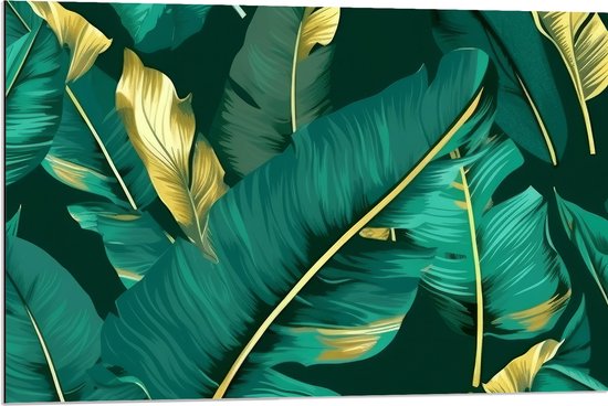 Dibond - Groene Palmbladeren met Gouden Details - 90x60 cm Foto op Aluminium (Met Ophangsysteem)