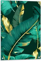 Tuinposter – Groene Palmbladeren met Gouden Details - 60x90 cm Foto op Tuinposter (wanddecoratie voor buiten en binnen)